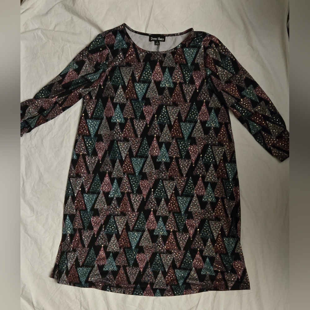 Oh Christmas Tree! Geometric Patterned Dress with Sparkle Tree Accents Size S